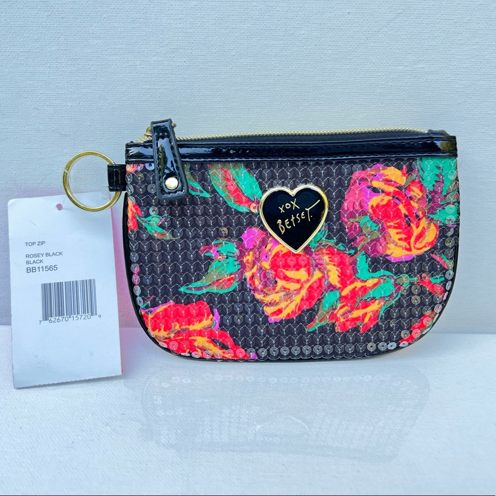 Betsey Johnson Rosey Black Red  Top Zip Coin Wallet Sequins BB11565